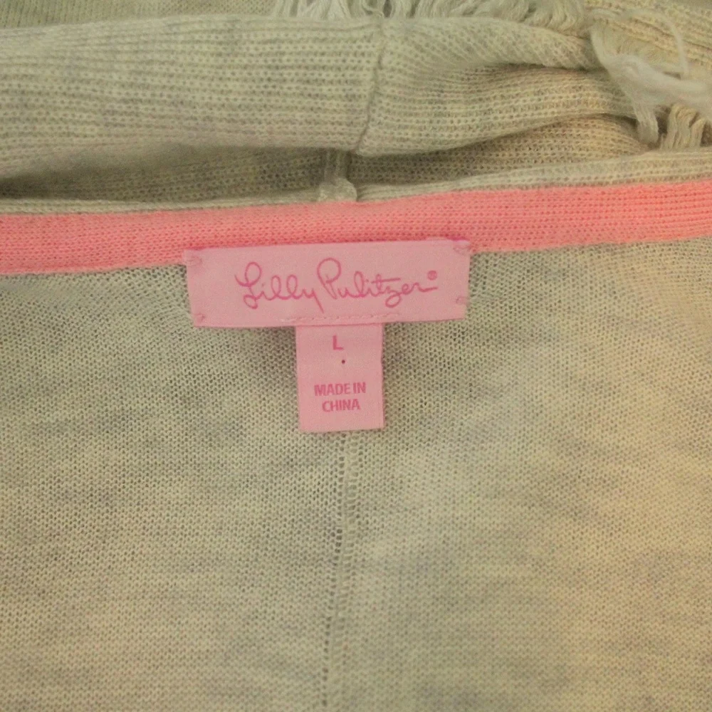 Lilly Pulitzer Bridget Heathered Grey Fringe Trim Open Cardigan Sweater L - Picture 6 of 7